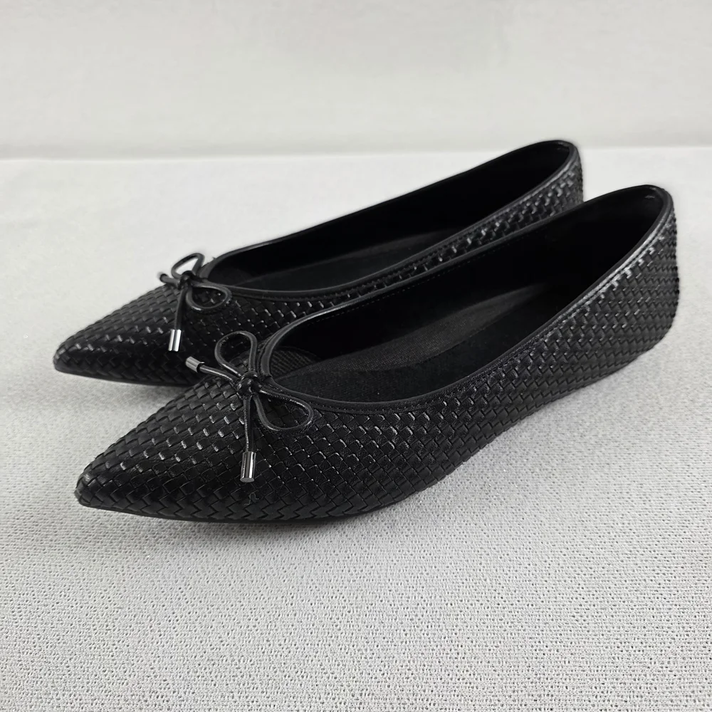 Enfiis Black Woven Patterned Vegan Pointed Toe Ballet Flats Women's 10